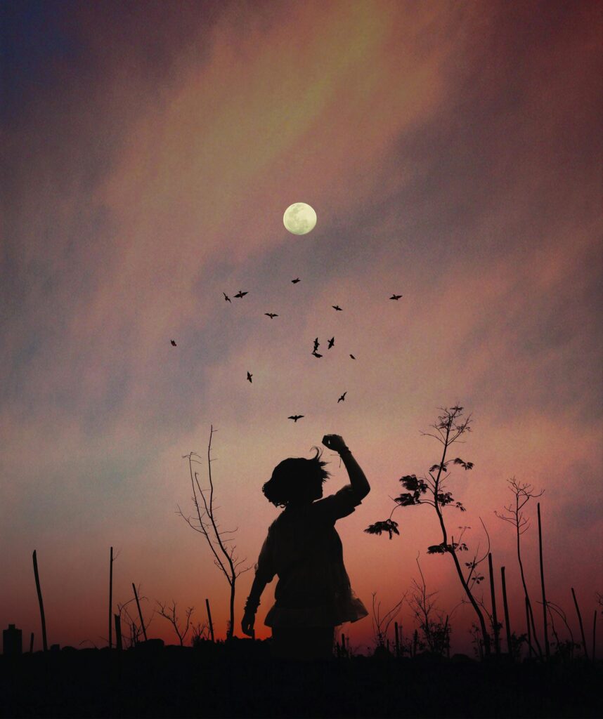 Ein junger Mensch in der Abenddämmerung bei Vollmond. Das Leben kann Überraschung bringen!